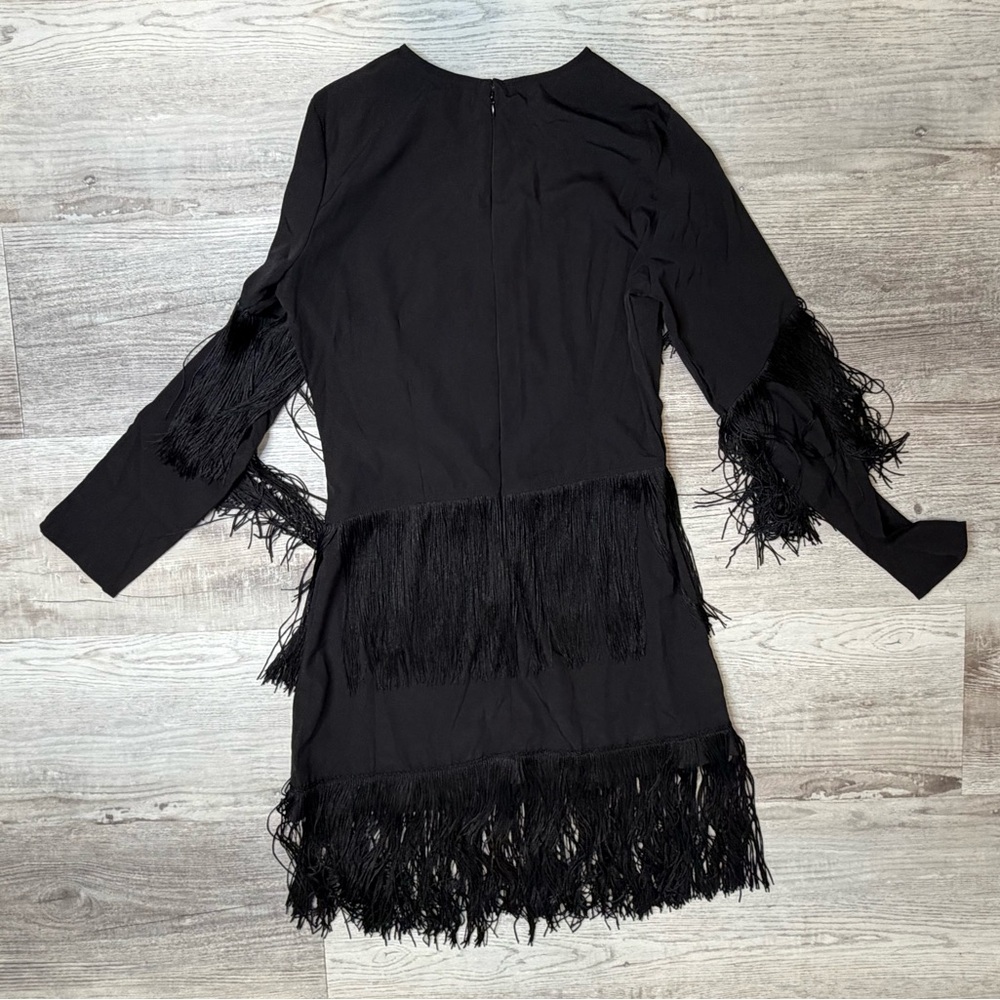 Topshop Black Long Sleeve Fringe Dress Womens size 8 Mobwife Cowgirl edgy - Picture 5 of 13